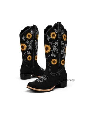 Sunflower Embroidered Cowboy Boots Square Toe Mid Calf Low Heel